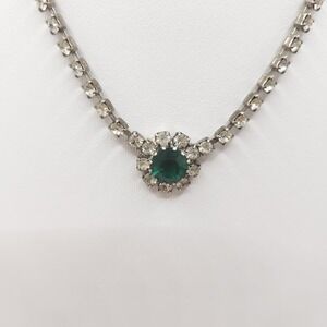 Vintage Rhinestone Necklace Emerald Green Silver Tone Glam Prom Evening 18 Inch